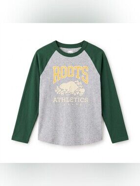 Roots Kids Gray and Green Raglan Long-Sleeve Tee with Yellow Logo